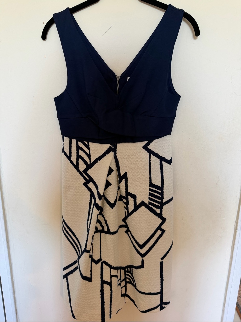 Anthropologie’s HD in Paris Navy and Cream Geometric Midi Dress